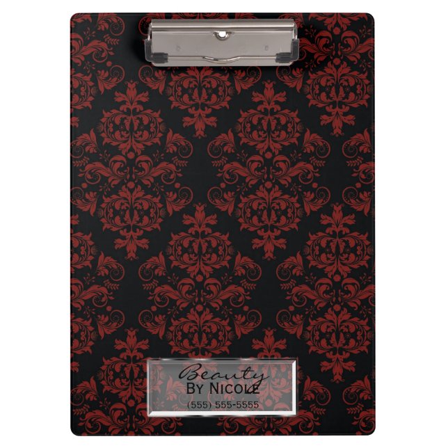 Pranchetas Grelha Chic Elegante de Damasco Preto Vermelho Per (Frente)
