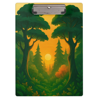 Pranchetas Ilustração Vibrante da Floresta ao Pôr do Sol