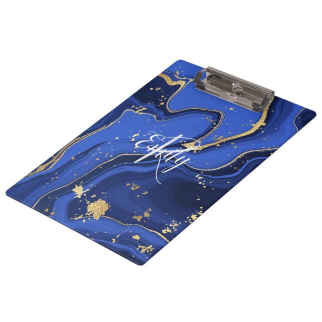 Pranchetas Indigo Blue Agate Marble Abstrato Nome Monograma (Inclinado)