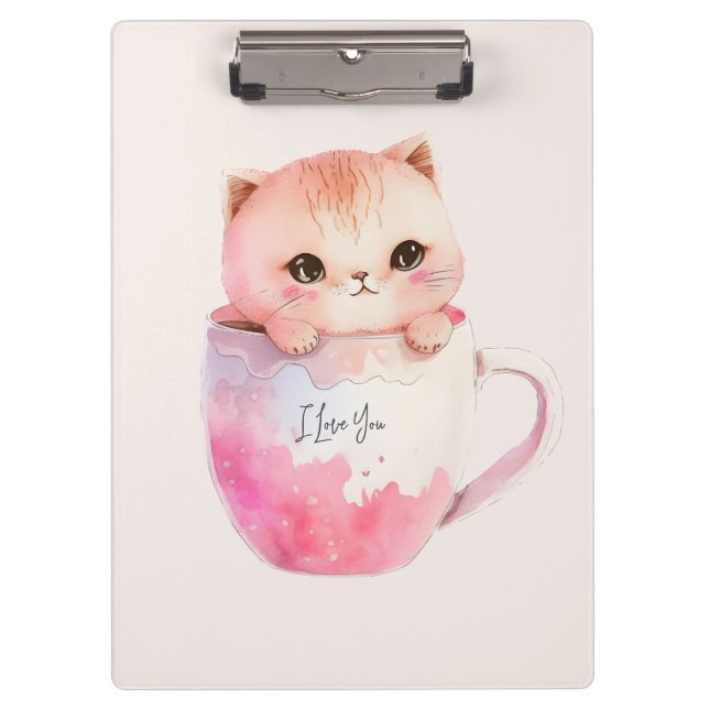 Pranchetas Kawaii Blushing Pink Chibi Cat (Frente)