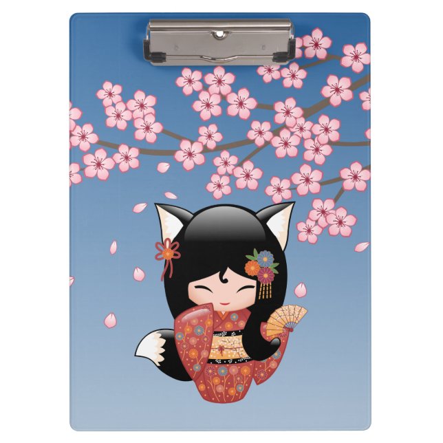 Pranchetas Kitsune Kokeshi Doll - Rapariga Negra Fox Geisha (Frente)