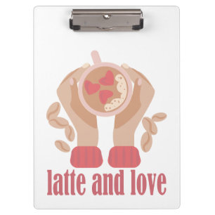Pranchetas Latite e xícara de amor, mãos e café