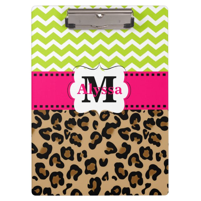 Pranchetas Leopardo cor-de-rosa verde Chevron personalizado (Frente)