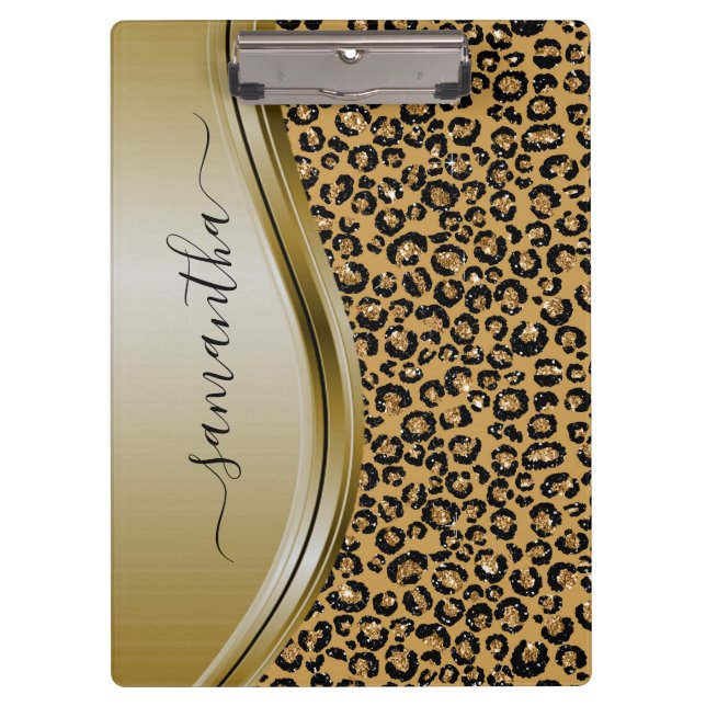 Pranchetas Leopardo Dourado Nome manuscrito de metal Monogram (Frente)