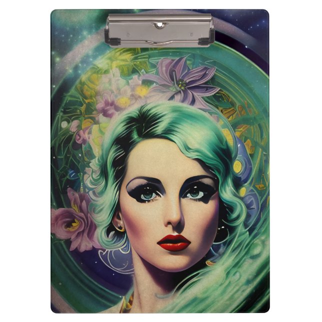 Pranchetas Linda Lavanda e Estilo Retro Verde Mulher Espacial (Frente)