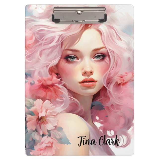 Pranchetas Linda Mulher com Cabelo Rosa e Vestido Rosa (Frente)