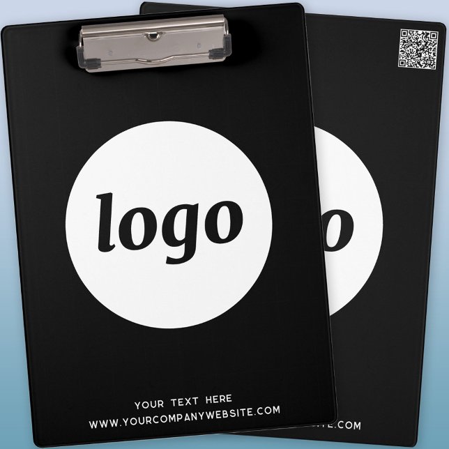 Pranchetas Logotipo com texto e código QR Black Business (Logo QR code and custom text business promotional black clipboard)