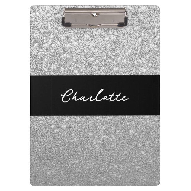 Pranchetas Luxury Sparkle Silver Glitter Name (Frente)