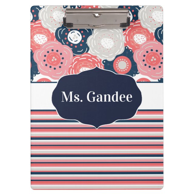 Pranchetas Marinho Coral Floral e Stripes Boho Personalizadas (Frente)