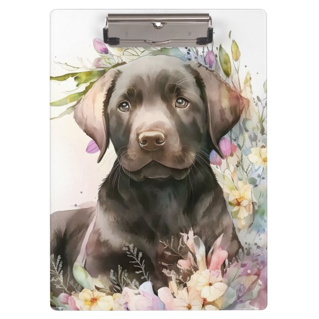 Pranchetas Marrom-aquarela Labrador Retriever e Flores (Frente)