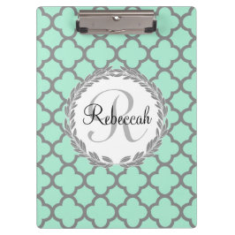 Pranchetas Mint Green Cinza Quatrefoil Name Monogrammed Laure
