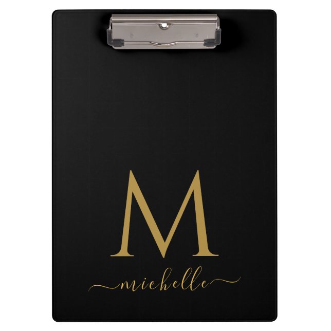 Pranchetas Monogram Typography Script Personalized Black Gold (Frente)