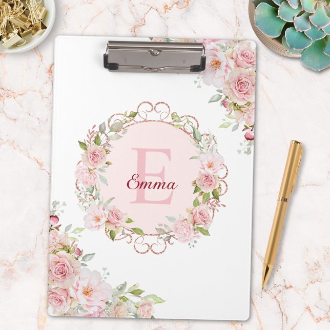 Pranchetas Monogram Watercolor Blush Pink Rose Flowers Floral (In situ)