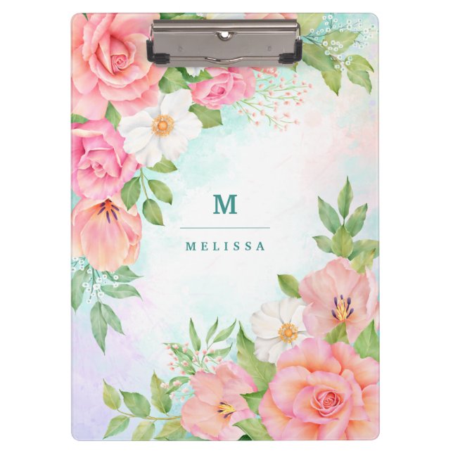 Pranchetas Monograma Aquarela Verde Floral Rosa Rosa Rosa Ros (Frente)