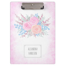 Monograma Cor de Água Buquê Rosas Rosa Azul Folhas