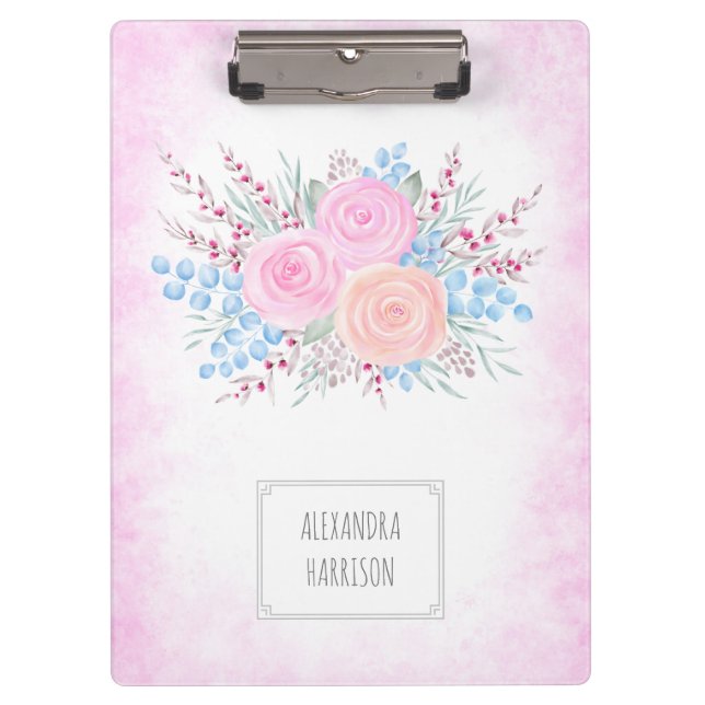 Pranchetas Monograma Cor de Água Buquê Rosas Rosa Azul Folhas (Frente)