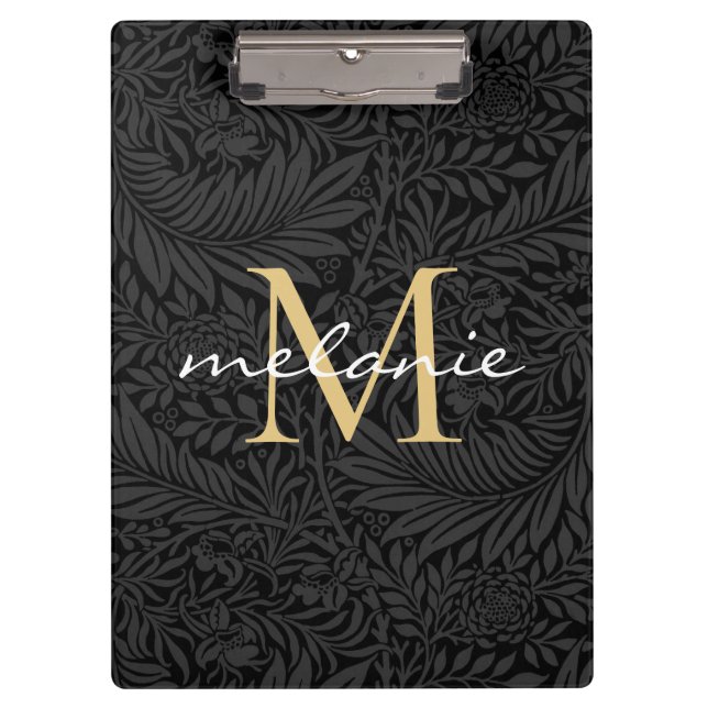 Pranchetas Monograma de Floral Preto Elegante com Script Dour (Frente)
