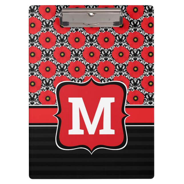 Pranchetas Monograma de Poppies chiques Vermelhas, Pretas e B (Frente)