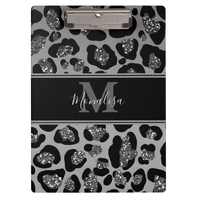 Pranchetas monograma de prata e gliteria preta, personalizado (Frente)