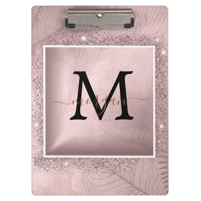 Pranchetas Monograma de Script Glitter Dourado rosa (Frente)