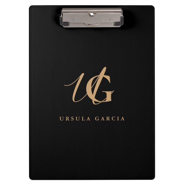 Pranchetas Monograma Moderno Preto e Dourado Script   (Frente)