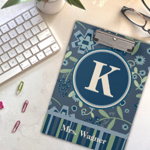 Pranchetas Monograma Nome Blue Stripe Professor Floral