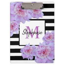 Pranchetas Monograma Pink Peony Flor Black Stripe Roxo Púrpur