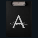 Pranchetas Nome de monograma com escrita moderna prateada e p<br><div class="desc">Prancheta de planejamento de nome de monograma preto e prata. Este é o presente perfeito para o aniversário de 16 anos,  casamento,  chá de noiva,  aniversário,  chá de bebê ou festa de despedida de solteira para alguém que ama luxo glamoroso e estilos chiques.</div>