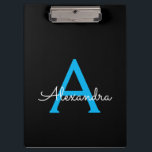 Pranchetas Nome de Monograma Feminino de Letra Cursiva Preto<br><div class="desc">Prancheta de Planejamento de Nome de Monograma Preto e Azul. Isso faz o presente perfeito de aniversário de 16 anos,  casamento,  chá de noiva,  aniversário de casamento,  chá de bebê ou festa de despedida de solteira para alguém que ama luxo glamoroso e estilos chiques.</div>