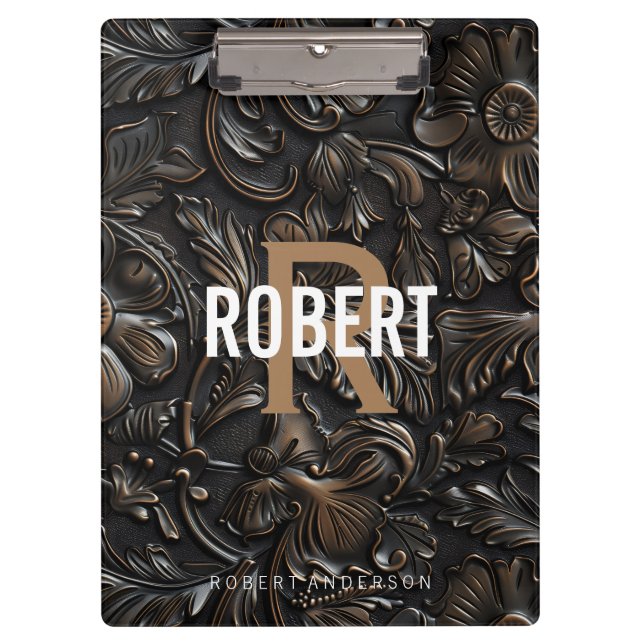 Pranchetas Nome do monograma de couro cabeludo castanho-escur (Frente)