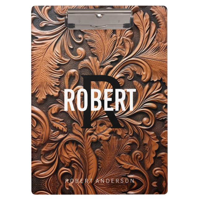 Pranchetas Nome do monograma de couro com ferramentas de safr (Frente)