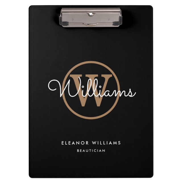 Pranchetas Nome do Monograma de Script Branco Dourado Preto (Frente)