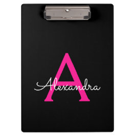 Pranchetas Nome do Monograma Girly Black Script Hot-Pink