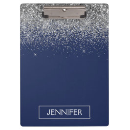 Pranchetas Nome Monograma Glitter Azul Marinho Prateado Femin