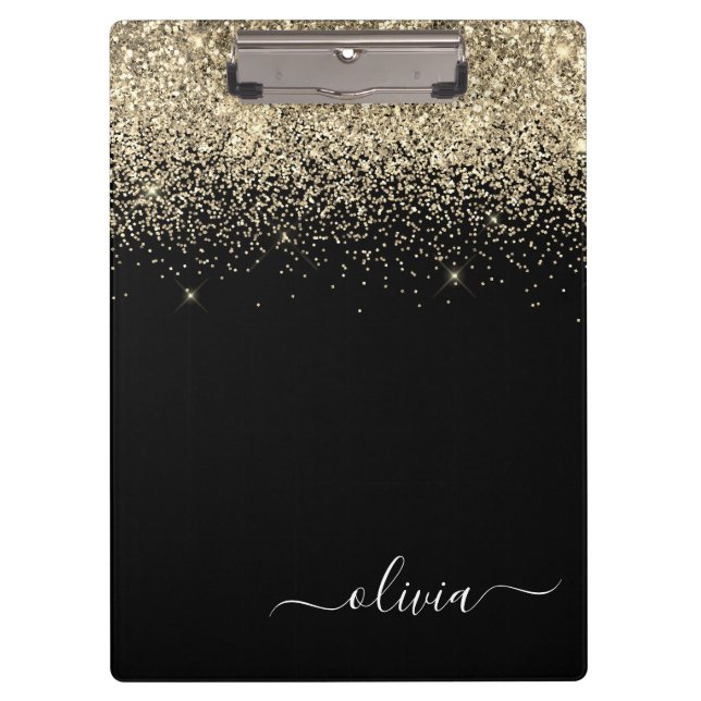 Pranchetas Nome Monograma Glitter Dourado Preto Garota (Frente)