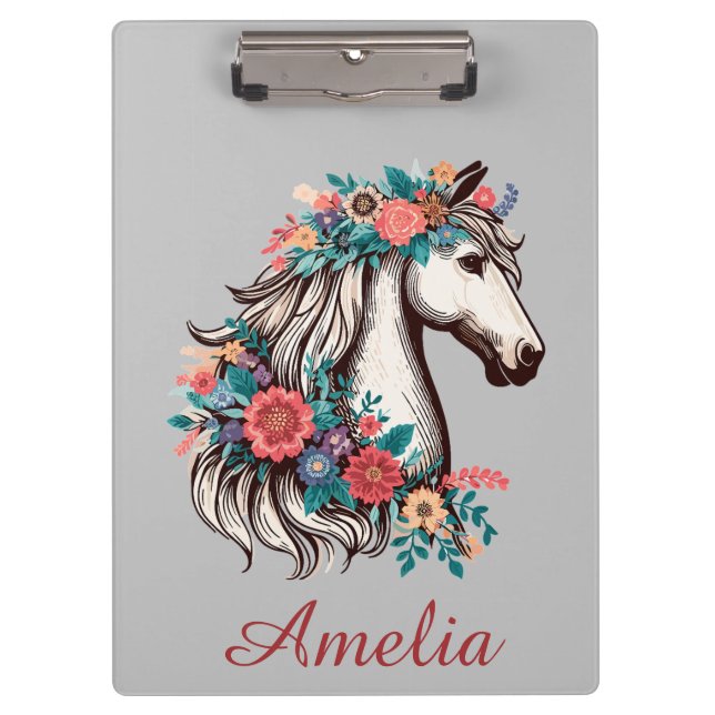 Pranchetas Nome Personalizado Boho Horse com Flores (Frente)