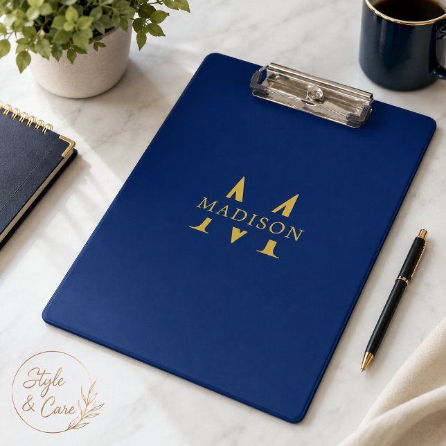 Pranchetas Nome Personalizado com Monograma Azul Marinho Prof (Custom Name with Monogram Navy Professional Clipboard)