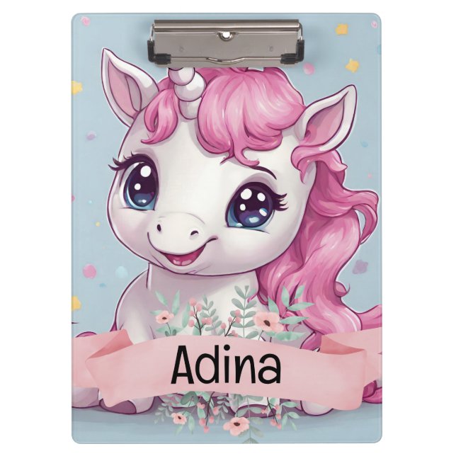 Pranchetas Nome Personalizado do Baby Unicorn Stars Rosa Mági (Frente)