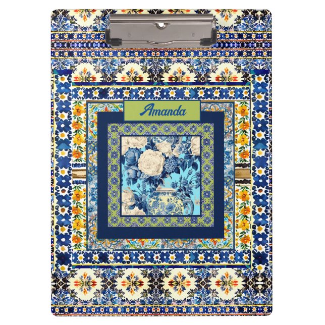 Pranchetas Nota de monograma elegante de azulejo azul floral (Frente)