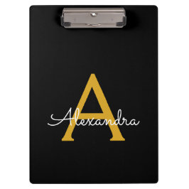 Pranchetas Ouro Preto Moderno Nome Monograma de Letra Feminin