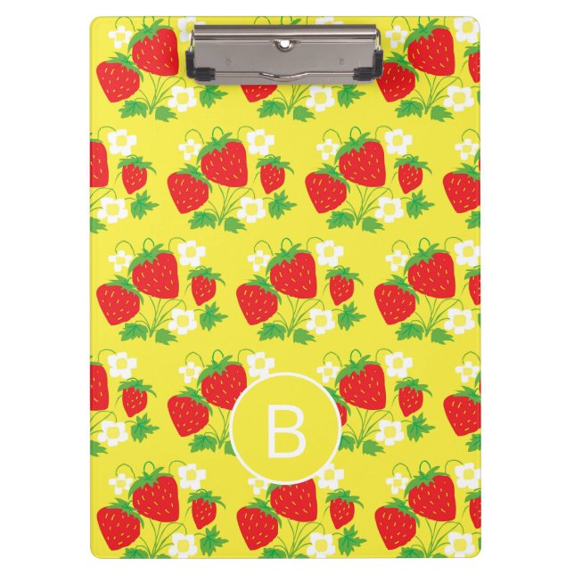 Pranchetas Padrão Amarelo de Morango e Flor Monogramado (Frente)