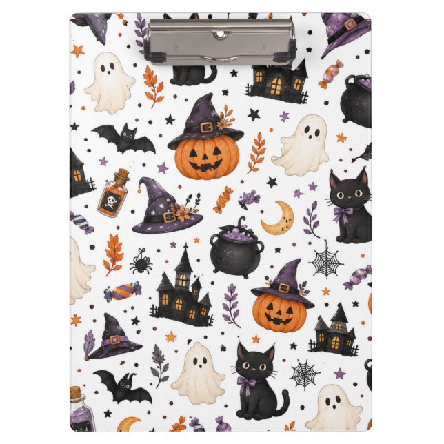 Pranchetas Padrão contínuo de Halloween fofo com gatos pretos (Frente)