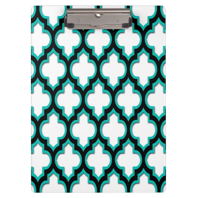 Pranchetas Padrão de Quatrefoil Branco Branco Teal Marroquino (Frente)