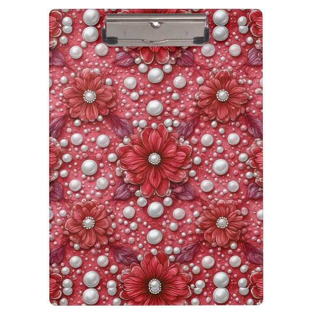 Pranchetas Padrão Floral Vermelho Com Acentos de Pérola (Frente)