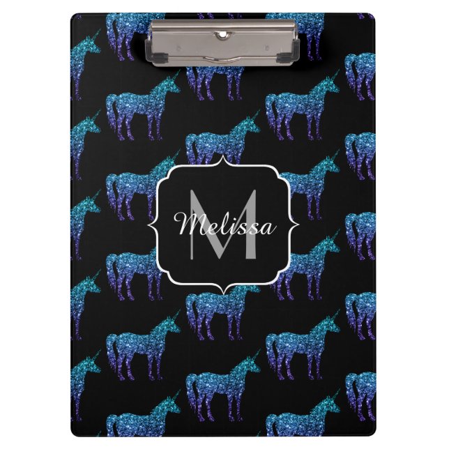 Pranchetas Padrão ombre azul aqua brilho de unicórnio Monogra (Frente)