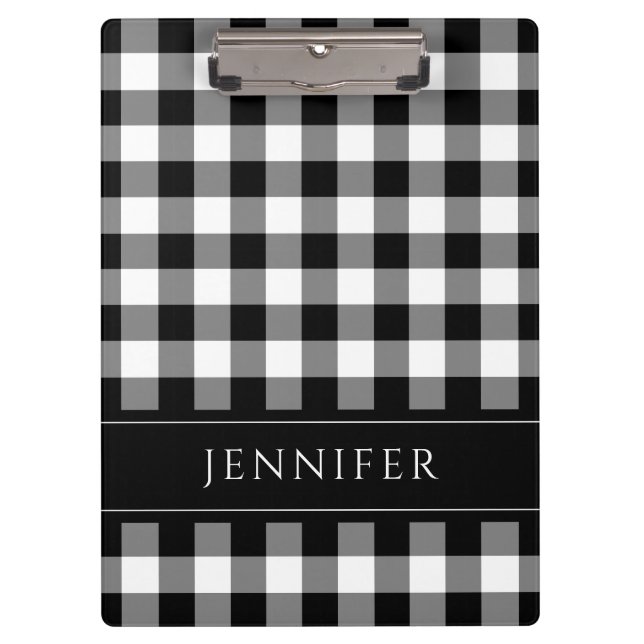 Pranchetas Padrão Xadrez Preto e Branco Gingham Nome Impresso (Frente)