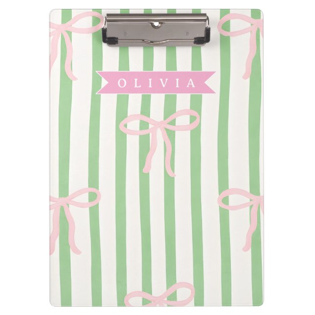 Pranchetas Personalized Girly Coquette Green Stripe Bow (Frente)