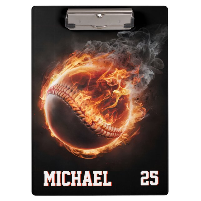 Pranchetas Personalized Number and Name Baseball Ball on Fire (Frente)