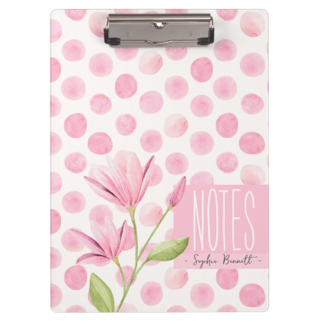Pranchetas Pink Watercolor Polka Dots & Flowers (Frente)