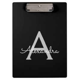 Pranchetas Preto Prata Moderno Nome Monograma Feminino Script